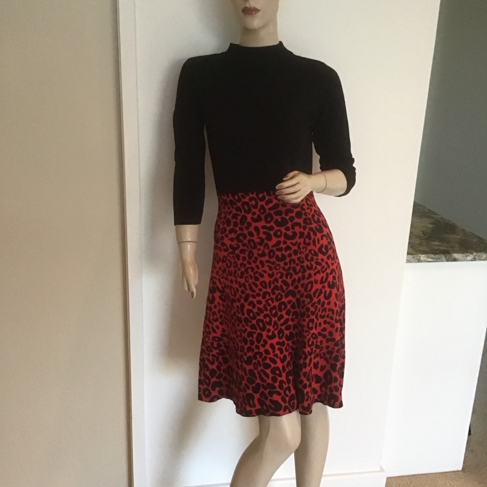 Nanette Lepore Black Red Knit Moc Neck‎ Leopard Print Knee Length Dress M